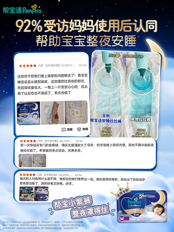 92%受访妈妈使用后认同，全新 [32] 帮宝适安睡拉拉裤帮助宝宝整夜安睡 [33]