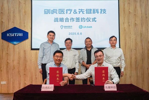 昆山市副市长钱许东（后排左二），昆山市工业技术研究院有限责任公司董事长浦景松（后排右一），先健科技董事局主席兼首席执行官谢粤辉（后排右二），剑虎医疗董事长赵永明（后排左一），先健科技副总裁方宇（前排右一），剑虎医疗运营总监徐帅克（前排左一）