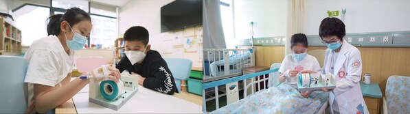 小朋友们正在通过拼搭乐高核磁共振扫描仪模型了解检查流程