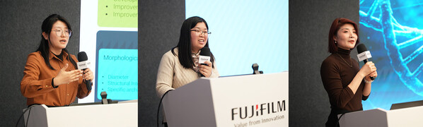 从左至右：上海睿智医药研究集团有限公司资深研究员陈露岚、中国科学院上海药物研究所离子通道研究平台高级工程师方遂及上海昂朴生物科技有限公司iPSC部门高级总监潘微微交流分享专题