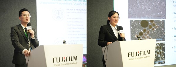富士胶片（中国）生命科学事业部  销售与技术支持负责人张鹏（左）与应用科学家范琪（右）进行分享